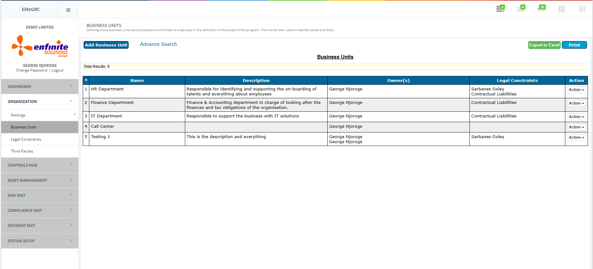 EliteGRC Organisation Settings screen