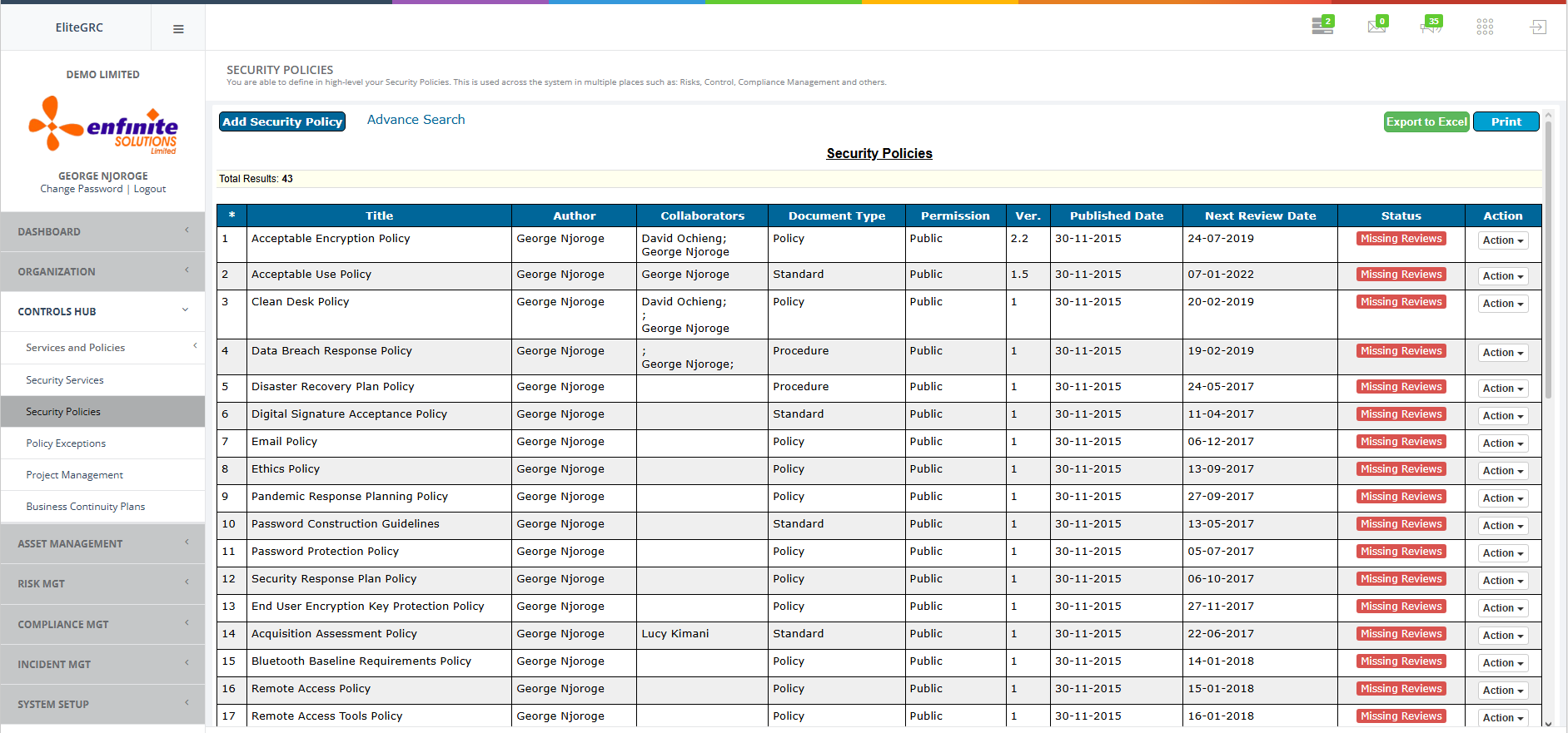 EliteGRC Policy Management screen showing policy lifecycle management
